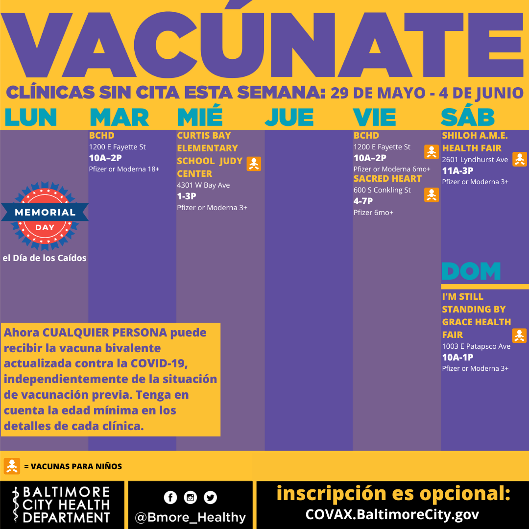 Week of May 29th-June 4th mobile vaccination clinic schedule in Spanish